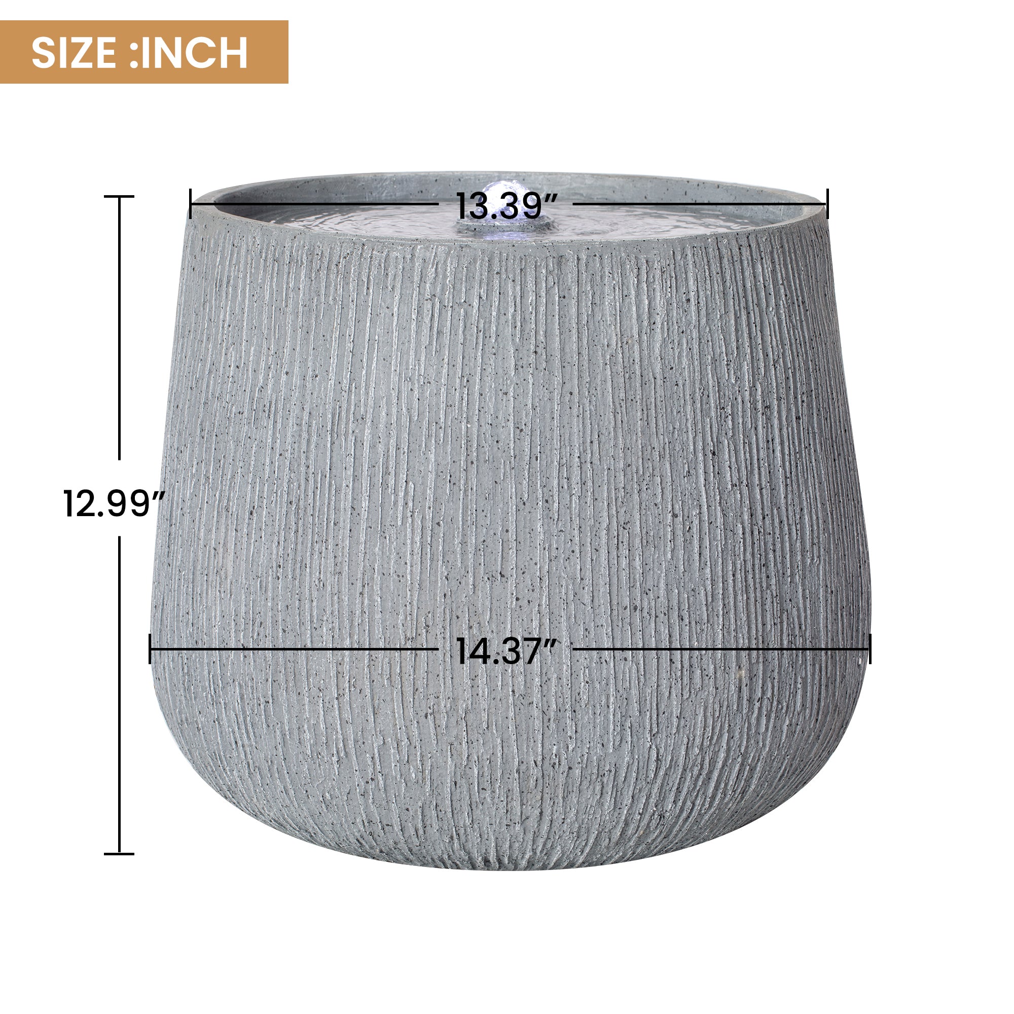 Resin Bubbler Fountain Outdoor Rippled Drum LED lit at night