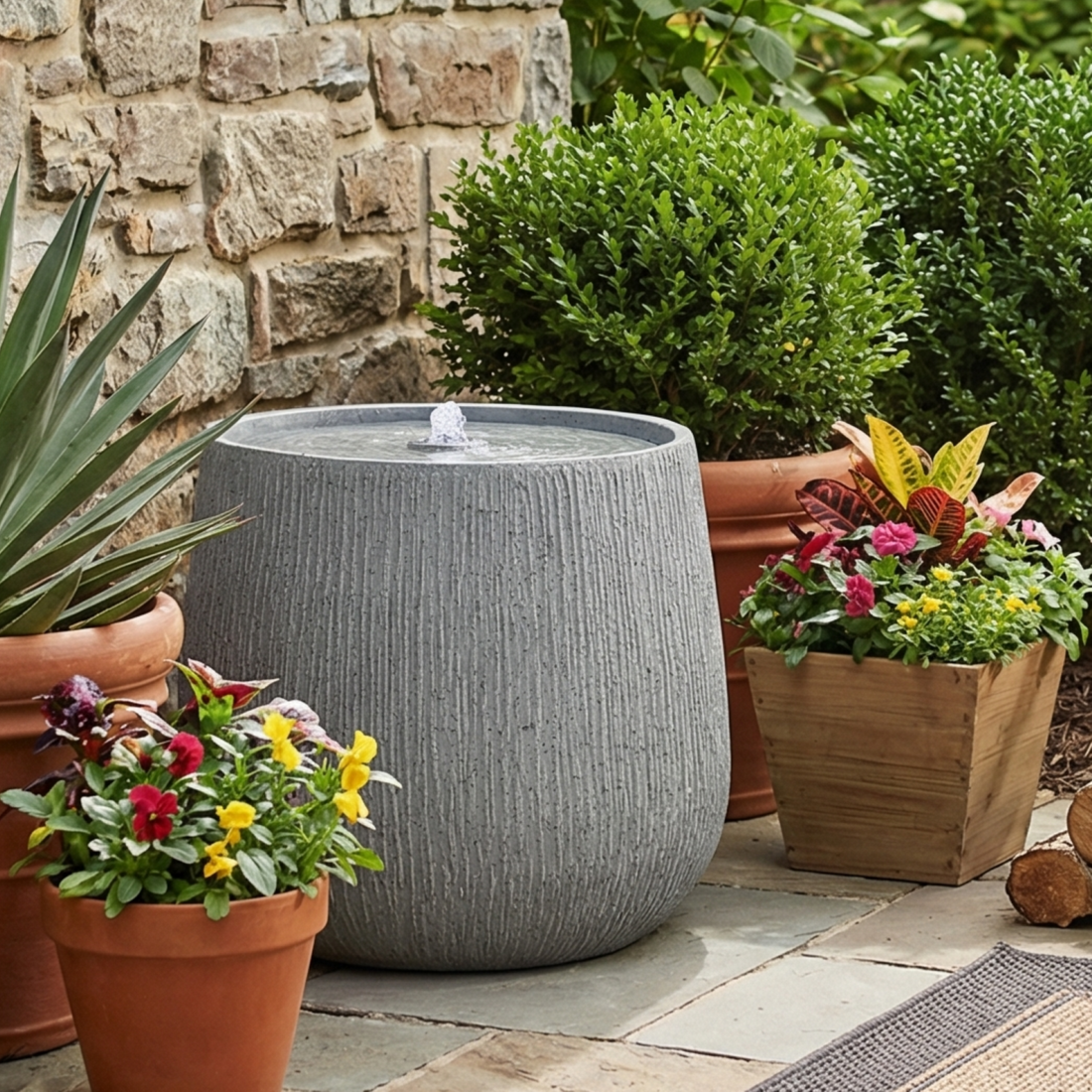 Resin Bubbler Fountain Outdoor Rippled Drum in garden setting