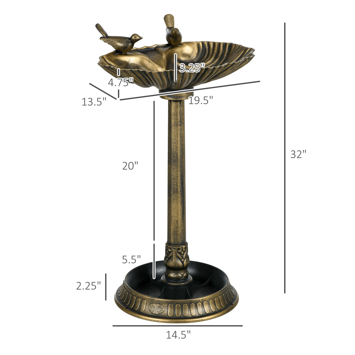 Shell basin bird bath dimension diagram: 32 inch overall height and 19.5 by 13.5 inch basin outer dimensions