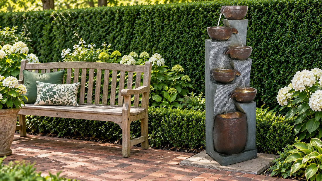 Tall urn fountain with six bowls facing a wooden garden bench in front of a clipped hedge