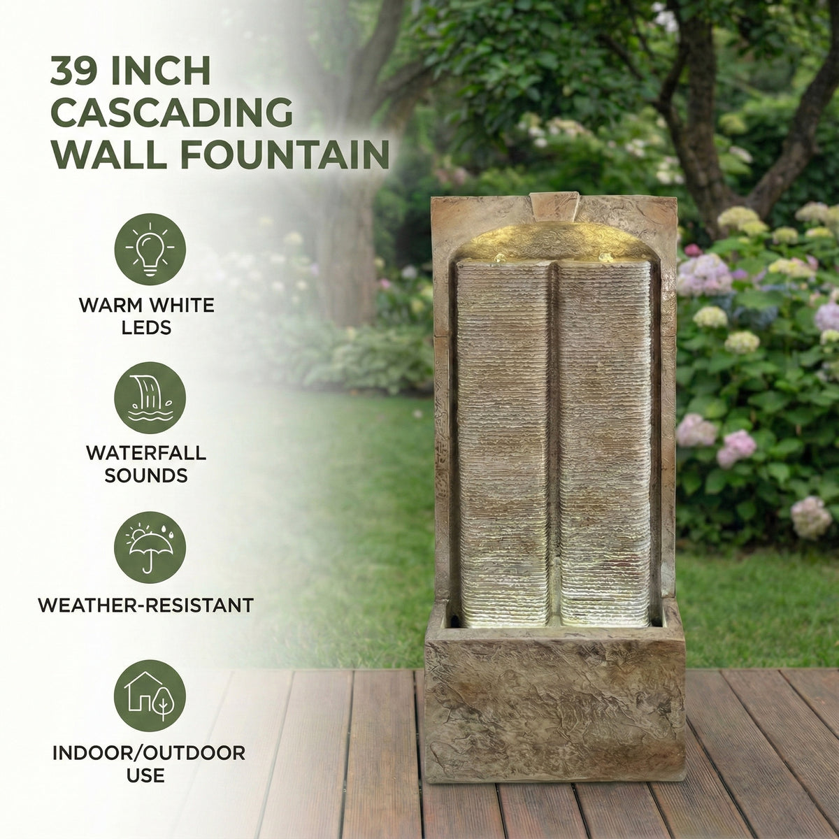 Resin Sandstone Outdoor Wall Water Fountain with Warm LED lit at night