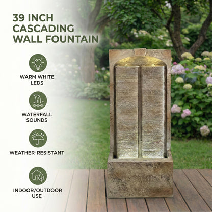 Resin Sandstone Outdoor Wall Water Fountain with Warm LED lit at night