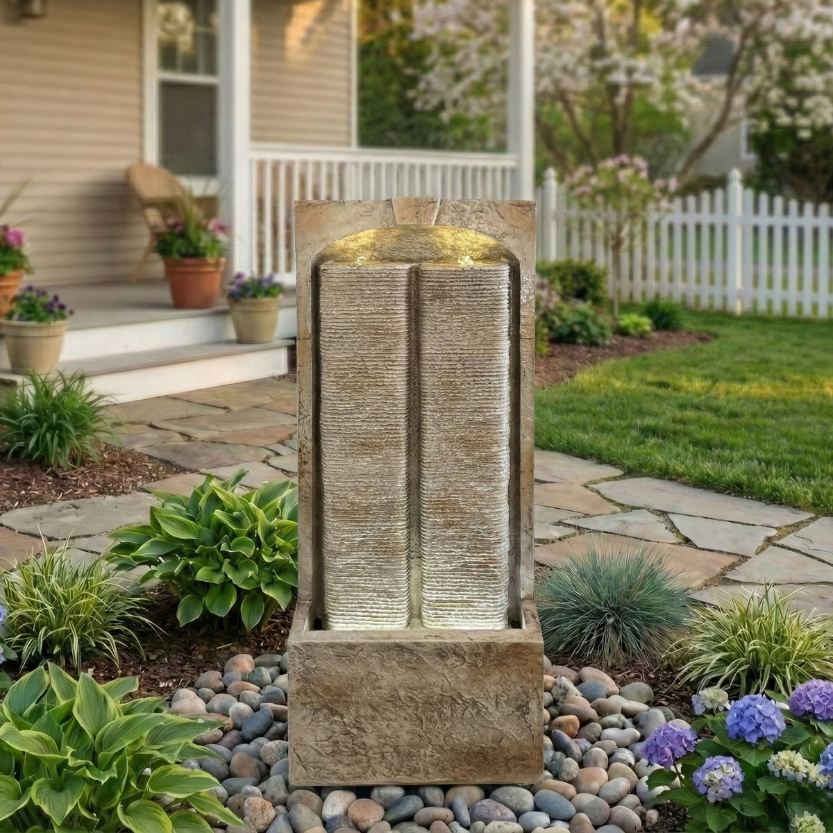 Resin Sandstone Outdoor Wall Water Fountain with Warm close up of water flow