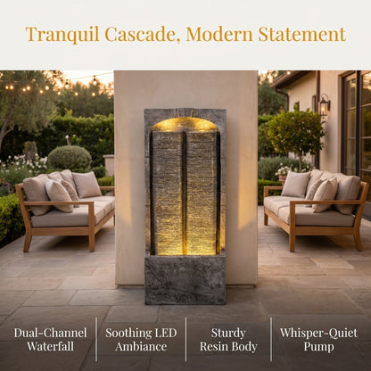 Resin Slate Outdoor Water Wall Fountain LED lit at night