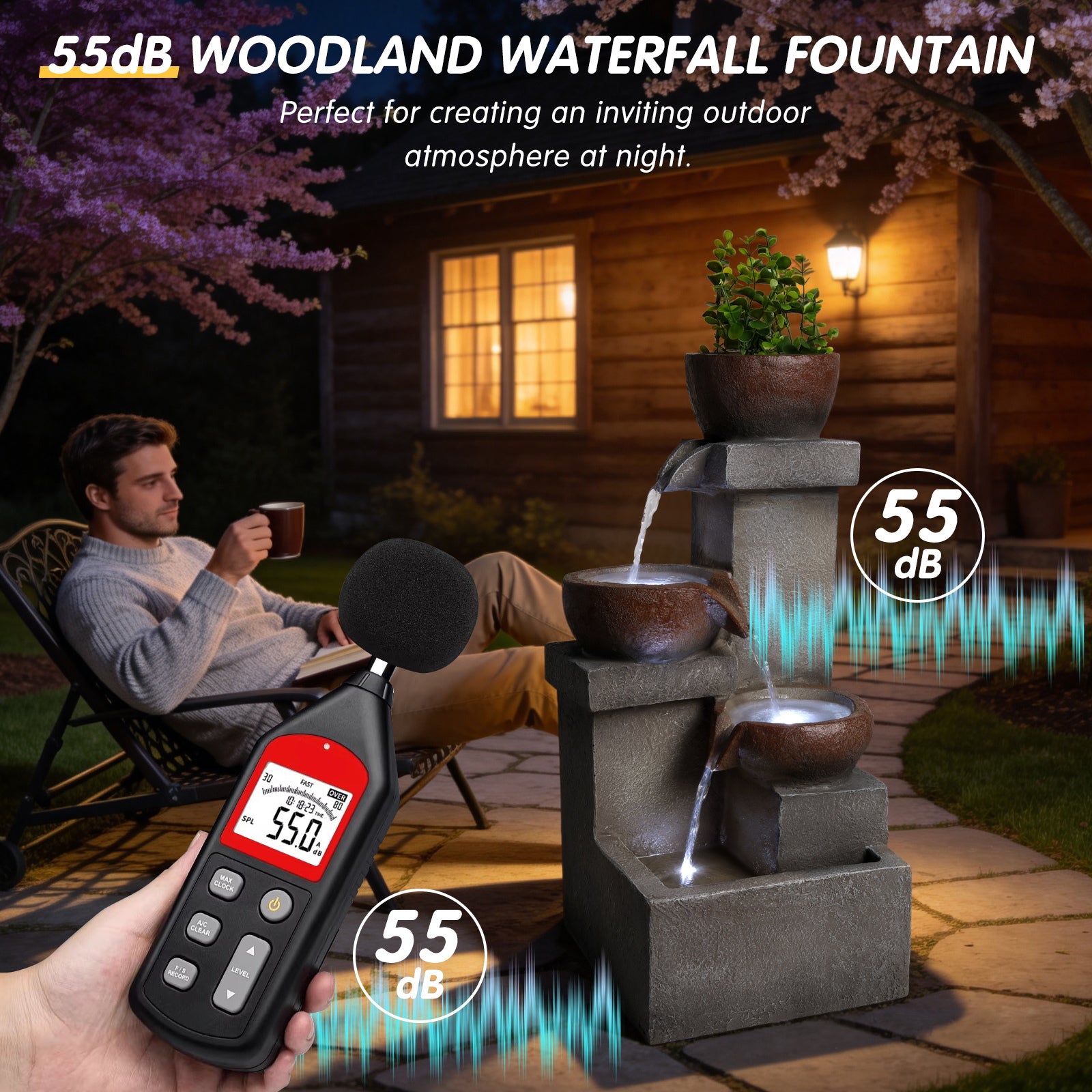 Resin Outdoor Fountain and Planter Stacked Stone on patio