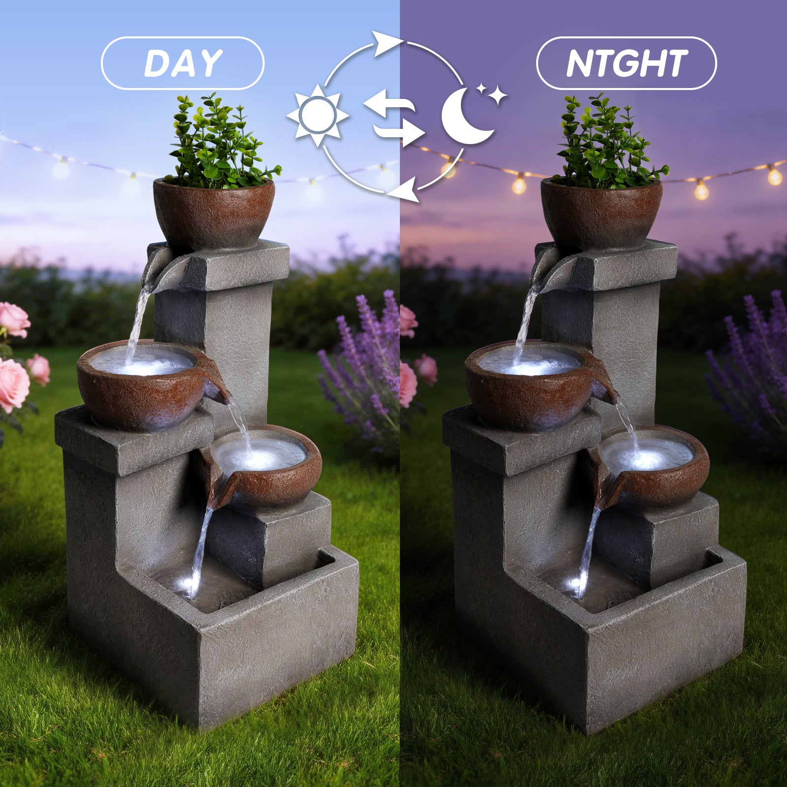 Resin Outdoor Fountain and Planter Stacked Stone LED lit at night
