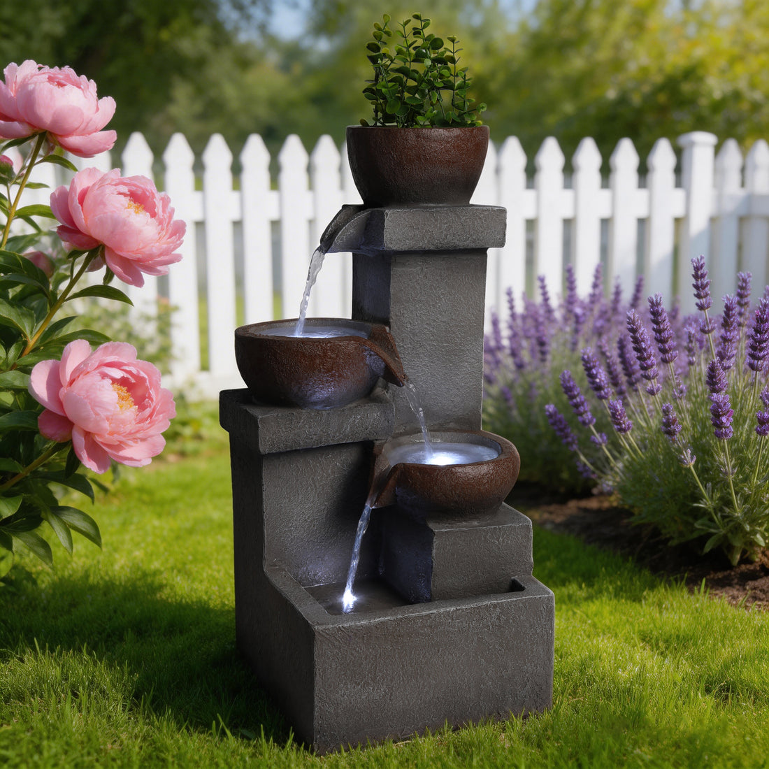 Resin Outdoor Fountain and Planter Stacked Stone in garden setting