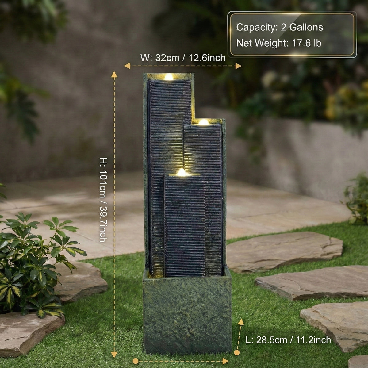 Resin Slate Water Wall Fountain 3 Column Top Lit dimensions and size