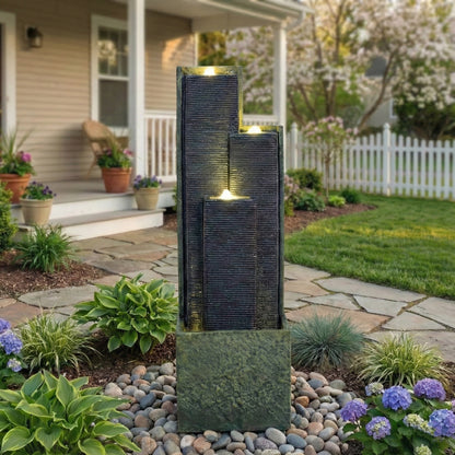 Resin Slate Water Wall Fountain 3 Column Top Lit on patio