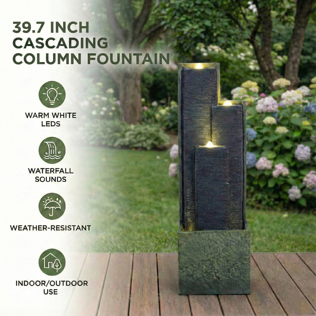 Resin Slate Water Wall Fountain 3 Column Top Lit in garden setting