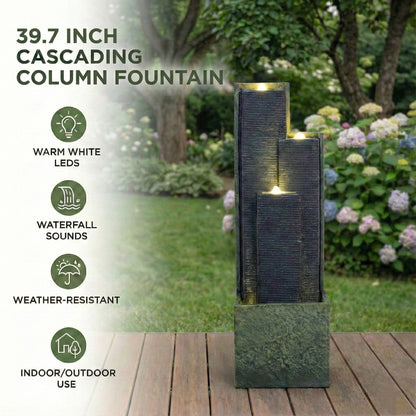 Resin Slate Water Wall Fountain 3 Column Top Lit in garden setting