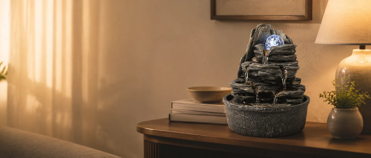 Tabletop rock waterfall fountain on a wooden side table in a cozy indoor room