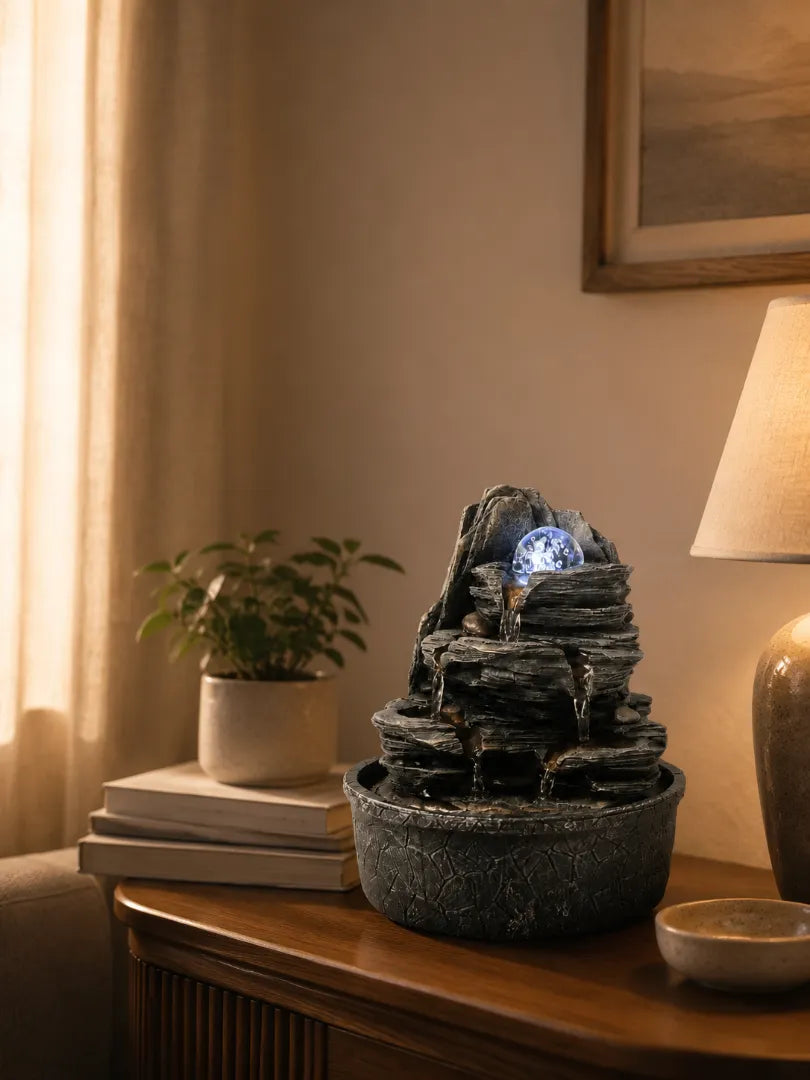 Tabletop rock waterfall fountain on a wooden side table in a cozy indoor room