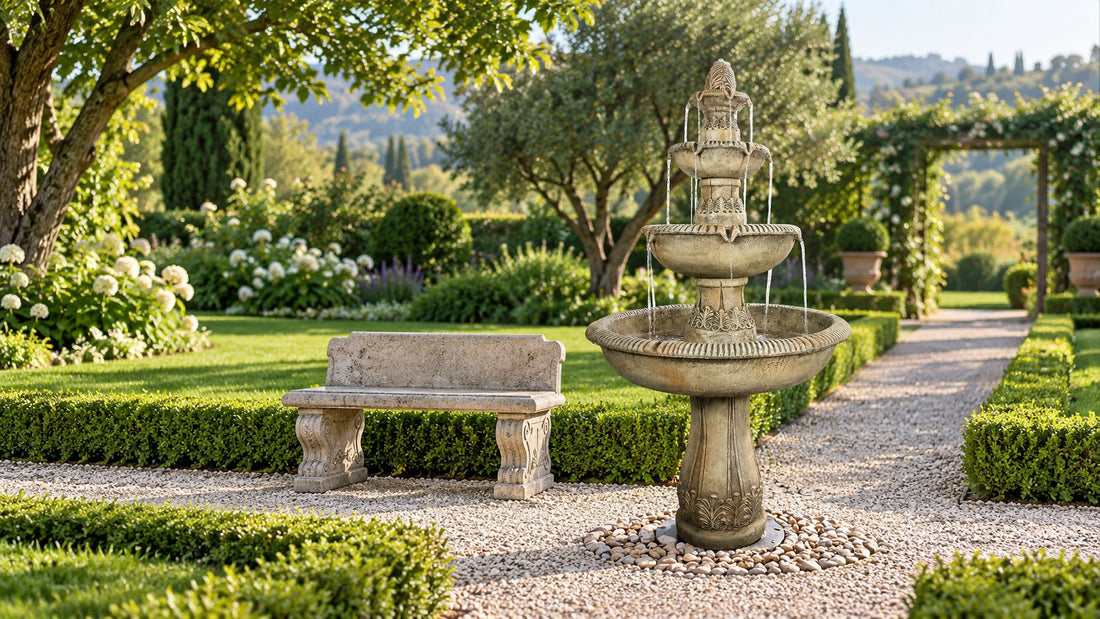 Three tier concrete fountain where two gravel garden paths cross, a carved stone bench beside it