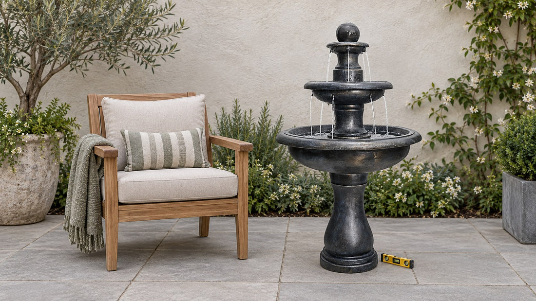 Antique black three tier fountain on level courtyard paving, a spirit level on the ground beside it