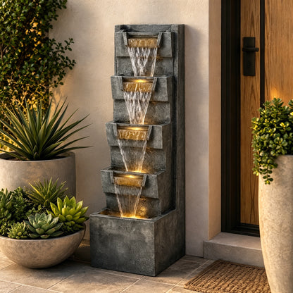 Resin Modern Outdoor Fountain 39 Inch Tilted Chutes dimensions and size