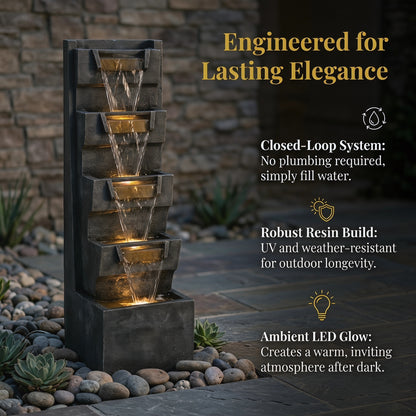 Resin Modern Outdoor Fountain 39 Inch Tilted Chutes LED lit at night