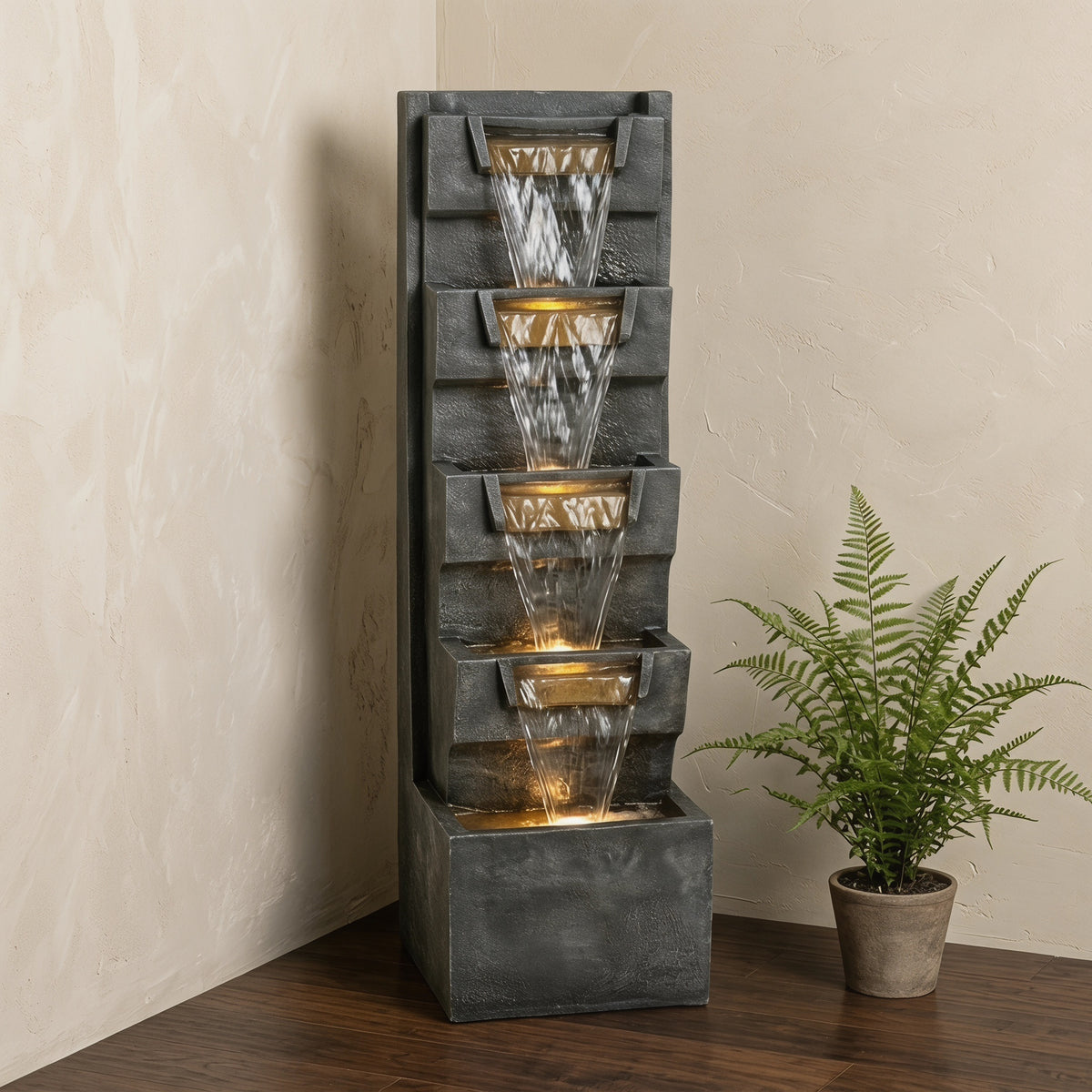 Resin Modern Outdoor Fountain 39 Inch Tilted Chutes in garden setting