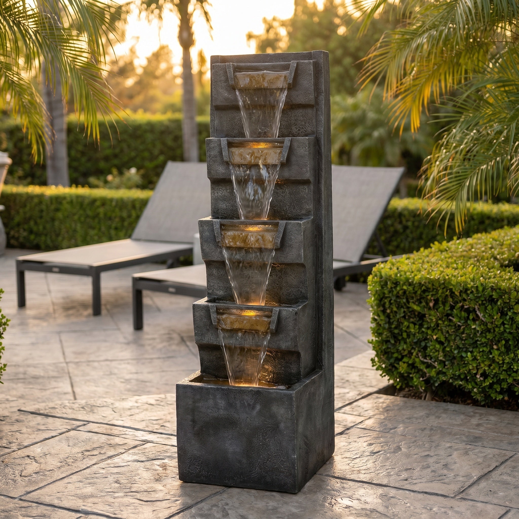 Resin Modern Outdoor Fountain 39 Inch Tilted Chutes on patio