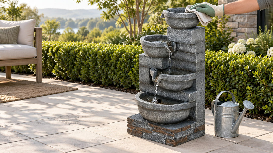 Gloved hand wiping the top bowl rim of a cascading bowl fountain on a patio next to a watering can