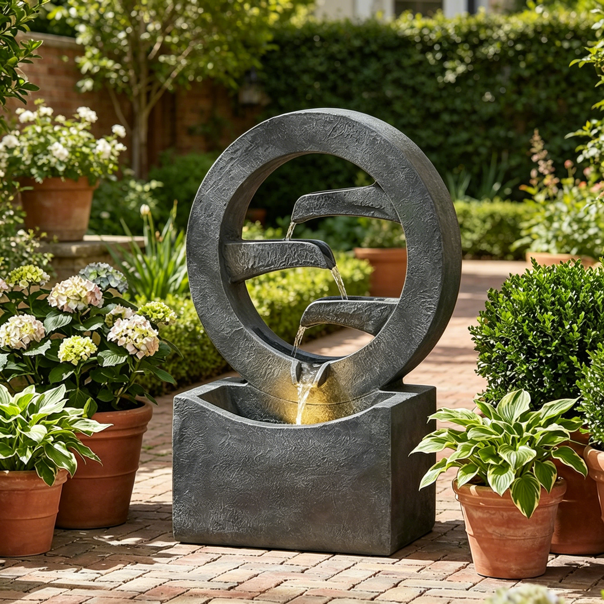 Resin Zen Ring Outdoor Water Fountain with Warm in garden setting