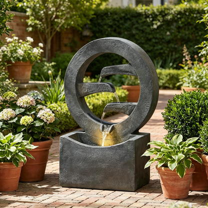 Resin Zen Ring Outdoor Water Fountain with Warm in garden setting