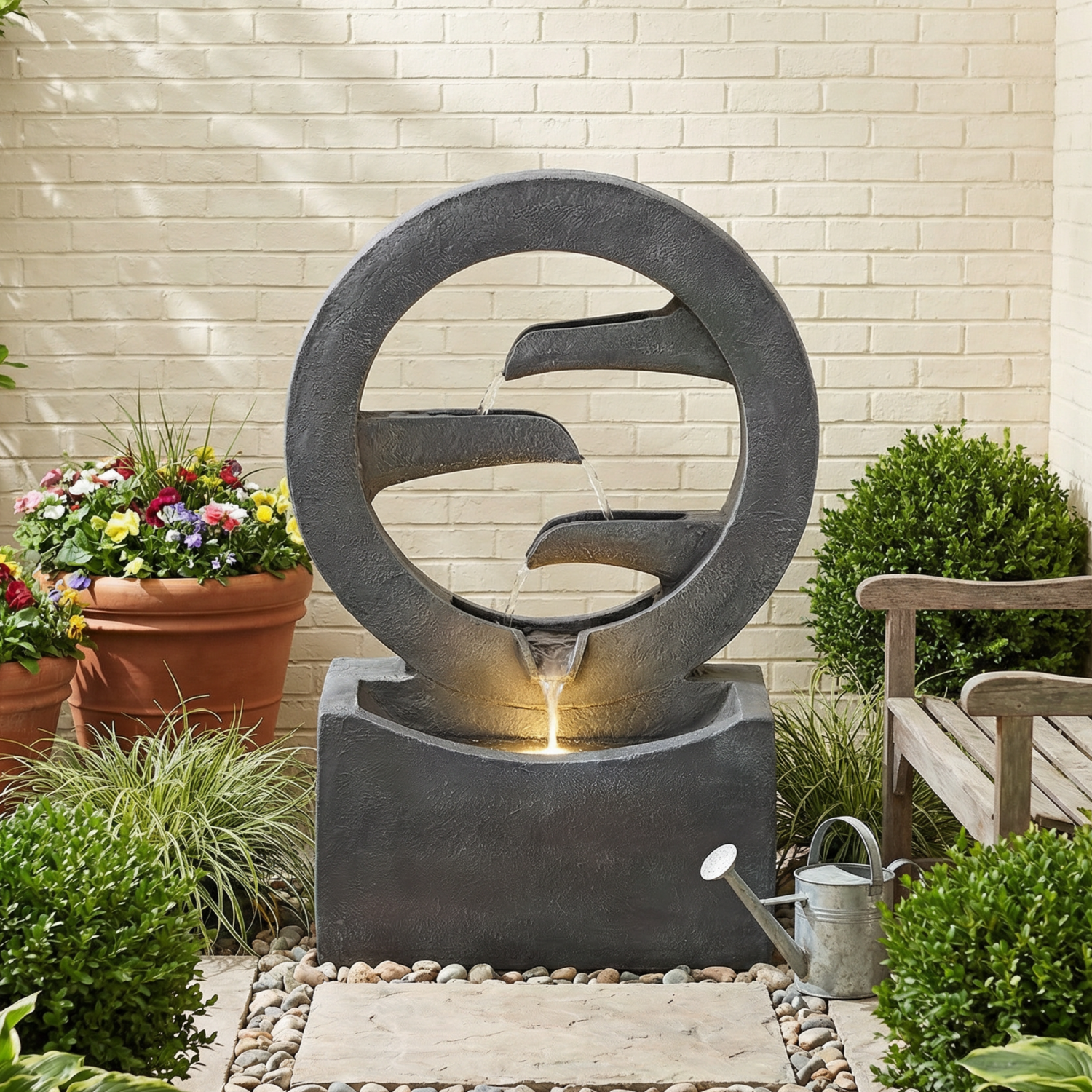 Resin Zen Ring Outdoor Water Fountain with Warm LED lit at night