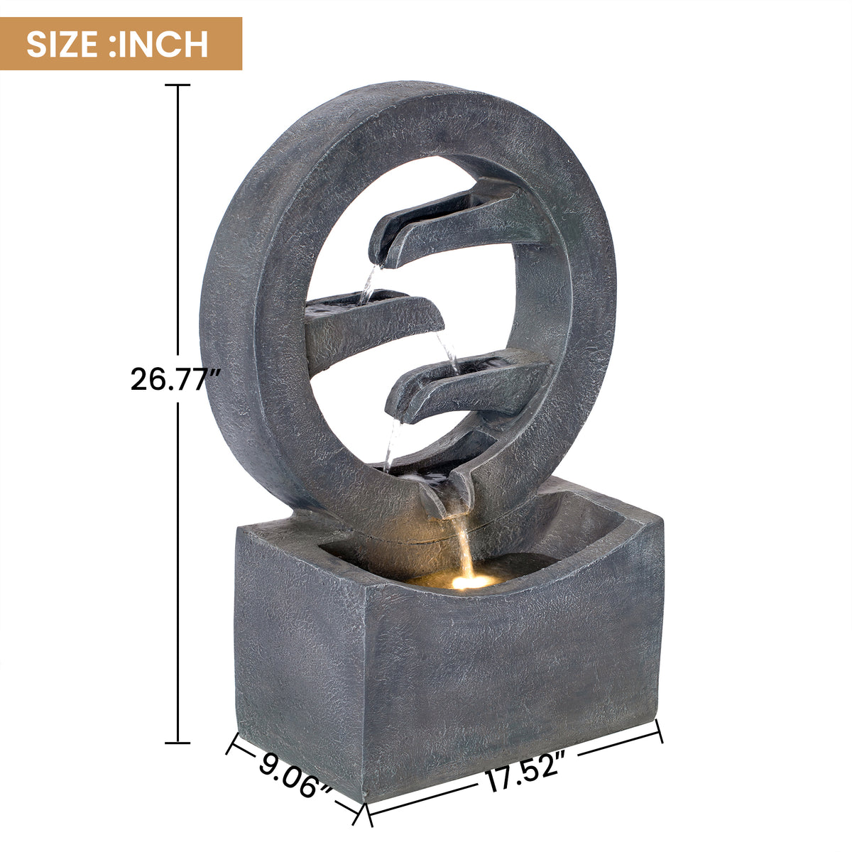 Resin Zen Ring Outdoor Water Fountain with Warm dimensions and size