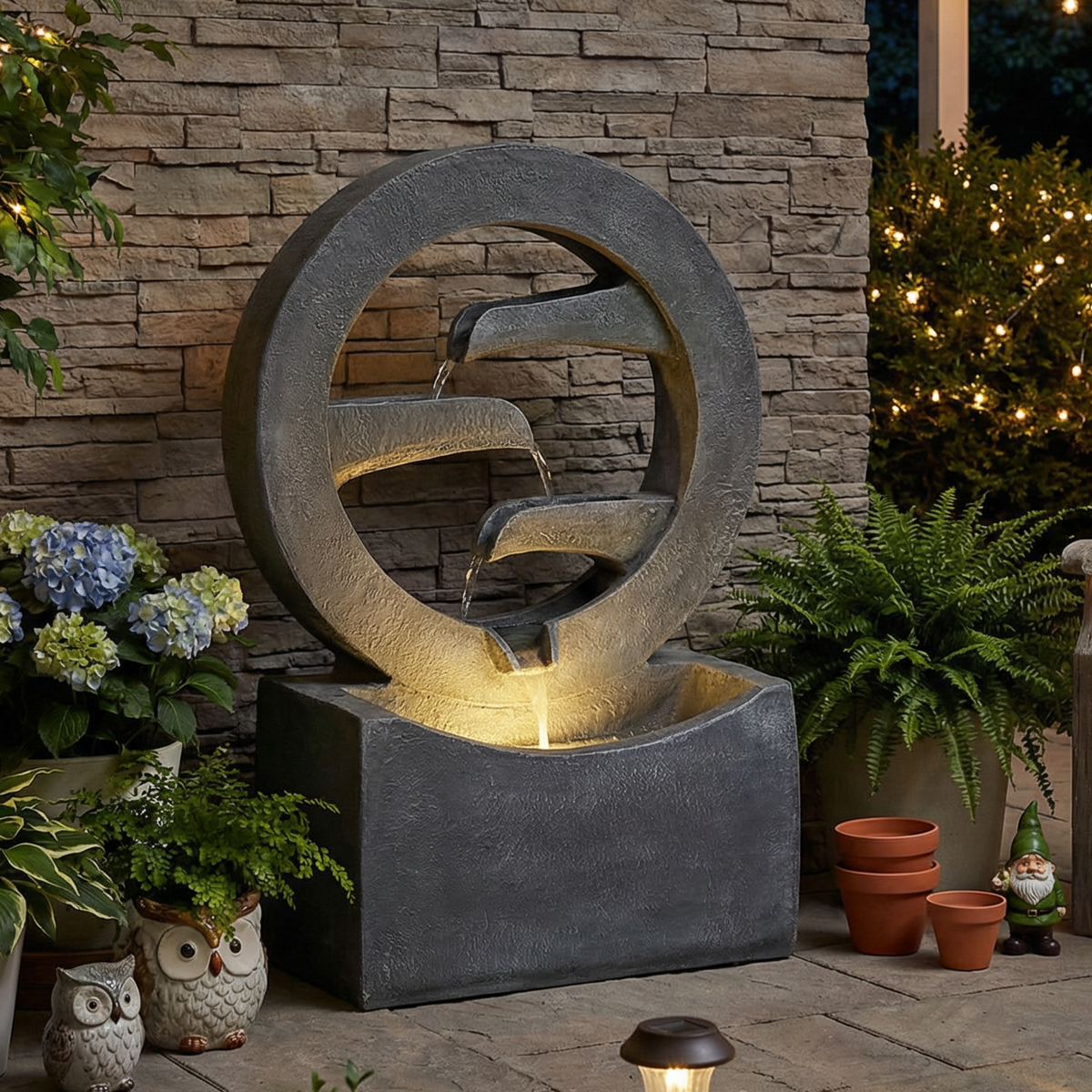 Resin Zen Ring Outdoor Water Fountain with Warm