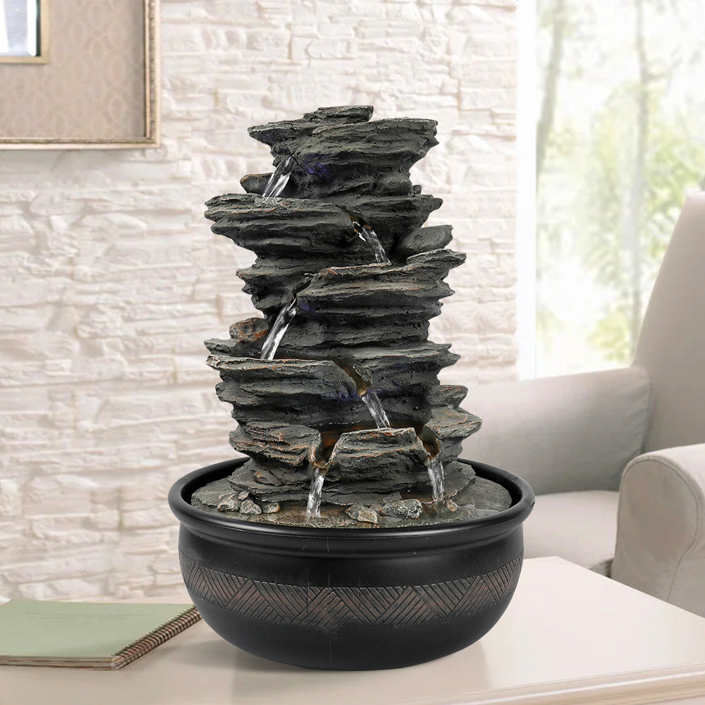 A six-tier slate-look cascade with an adjustable pump.