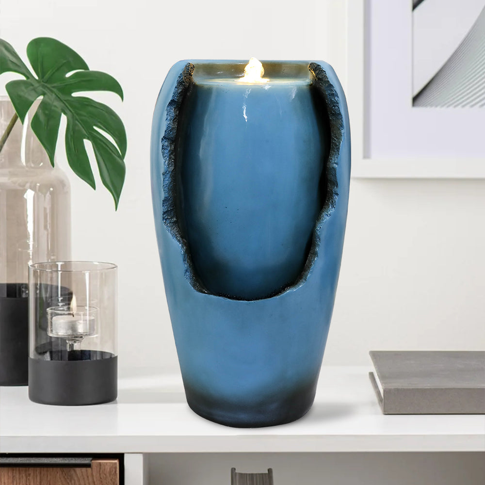 Resin Blue Vase Water Fountain Tabletop in garden setting