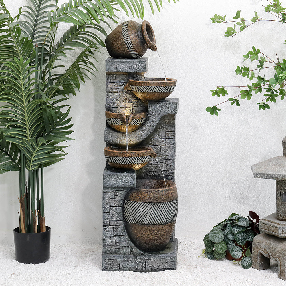 Resin Carved Clay Urn Outdoor Water Fountain 42 Inch LED lit at night