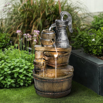 Resin Broken Barrel Rustic Outdoor Fountain 25 Inch in garden setting