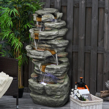 Resin Stacked Rock Outdoor Fountain 32 Inch Lit Water in garden setting