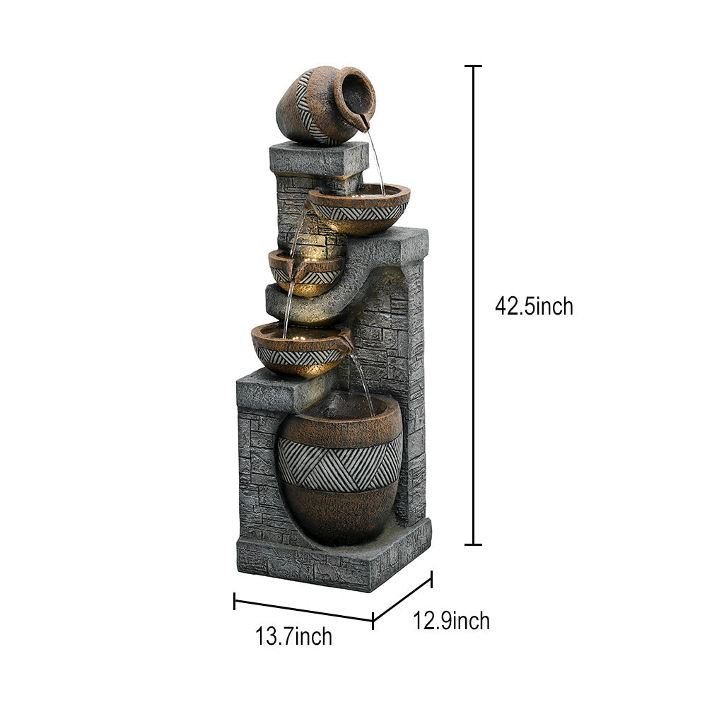 Carved Clay Urn Fountain size diagram showing 13.7 by 12.9 inch base and 42.5 inch height