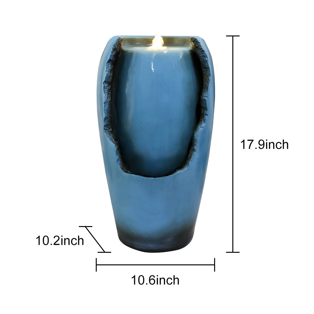 Resin Blue Vase Water Fountain Tabletop LED lit at night