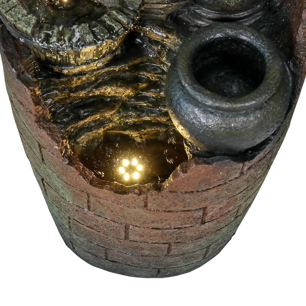 Resin Hand Pump Barrel Farmhouse Outdoor Fountain 32 in close up of water flow