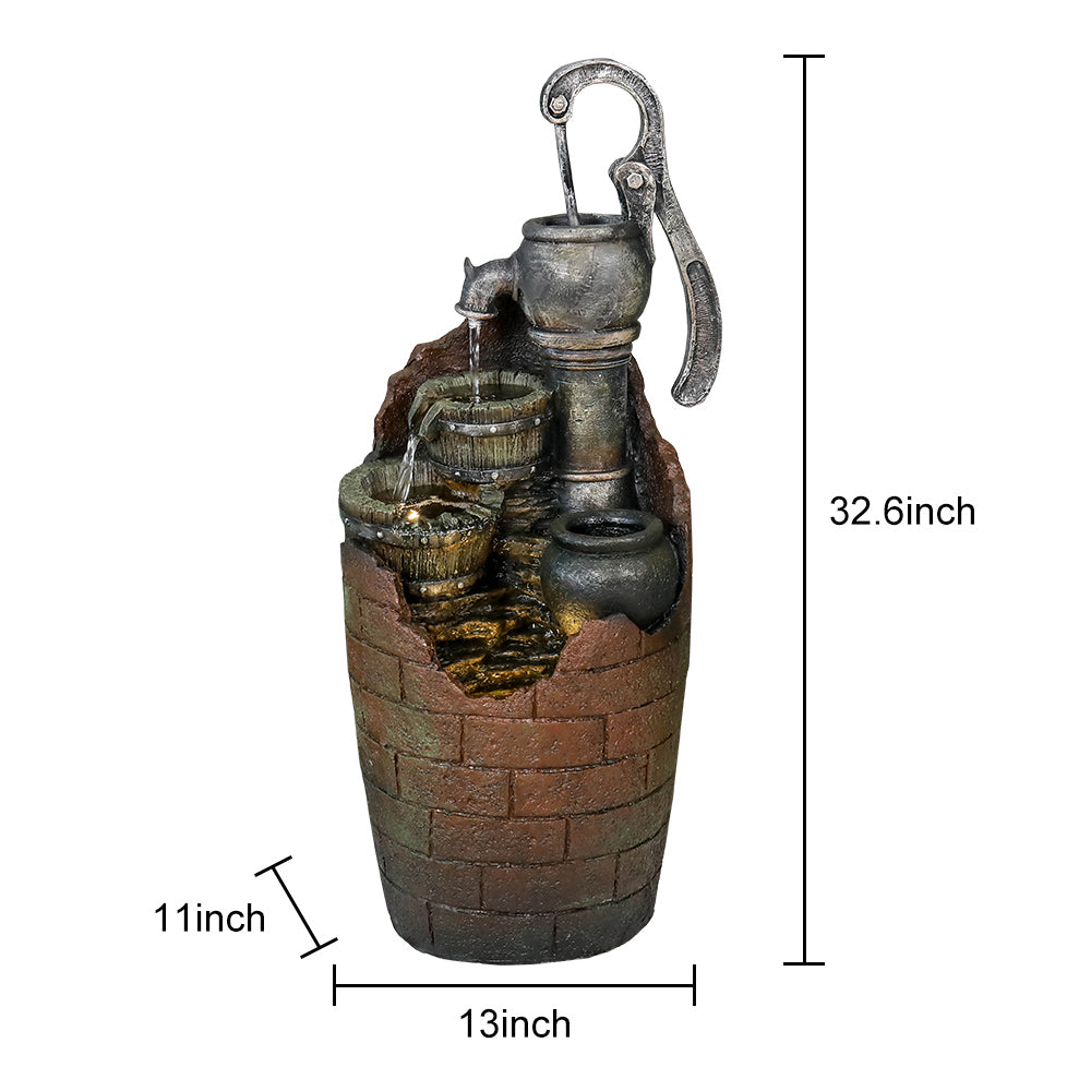 Resin Hand Pump Barrel Farmhouse Outdoor Fountain 32 in dimensions and size