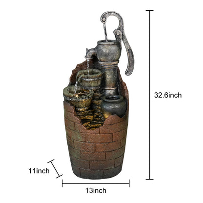 Resin Hand Pump Barrel Farmhouse Outdoor Fountain 32 in dimensions and size