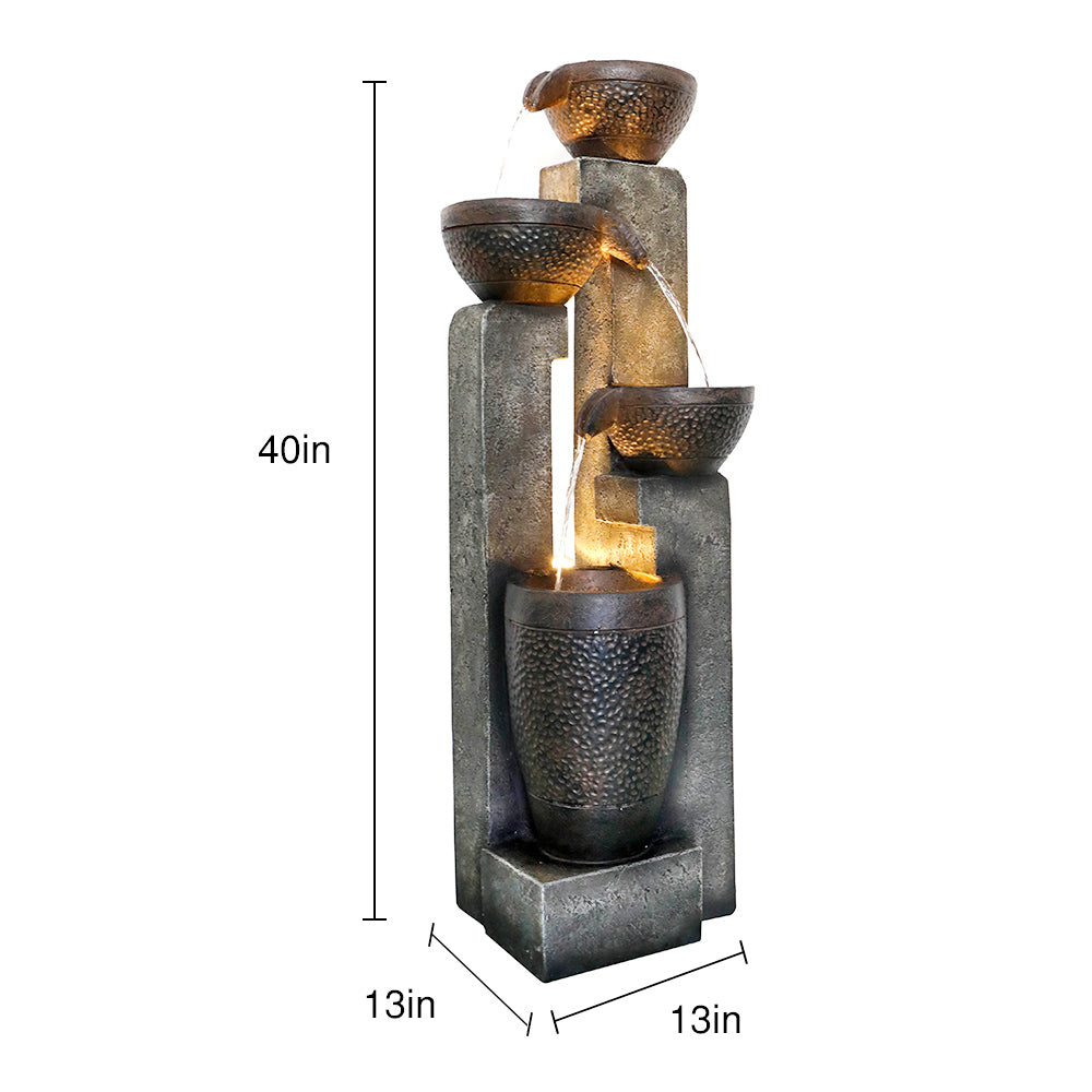 Four-tier Stacked Clay Pot Fountain with a 13 by 13 inch footprint and 40 inch height
