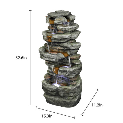 Resin Stacked Rock Outdoor Fountain 32 Inch Lit Water on patio