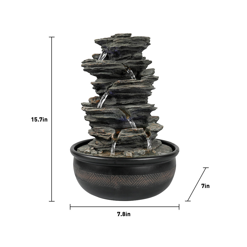 Resin 6 Tier Slate Tabletop Water Fountain 15 Inch LED dimensions and size
