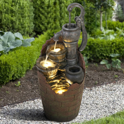 Resin Hand Pump Barrel Farmhouse Outdoor Fountain 32 in LED lit at night