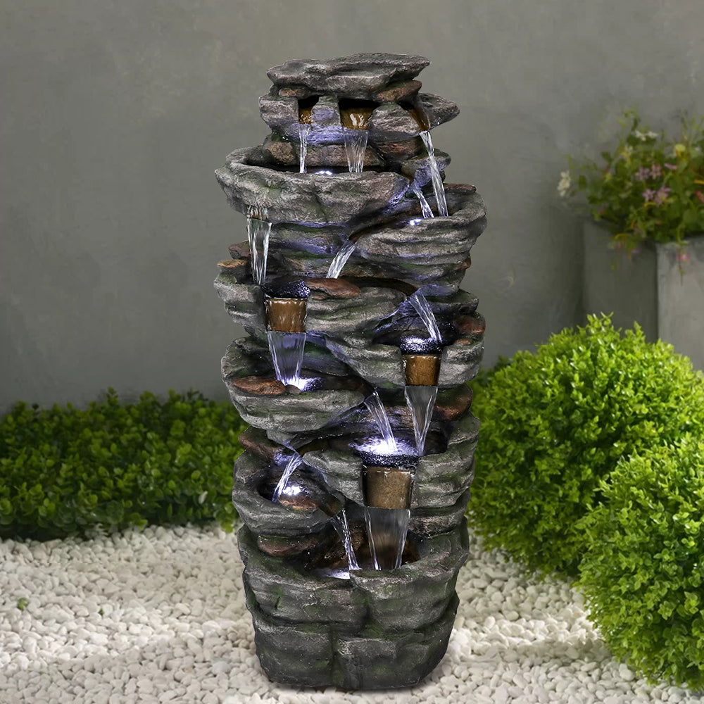 Resin Jagged Shale Outdoor Waterfall Fountain 13 Streams LED lit at night