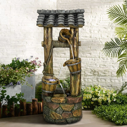 Resin Wishing Well Outdoor Fountain 39 Inch LED lit at night