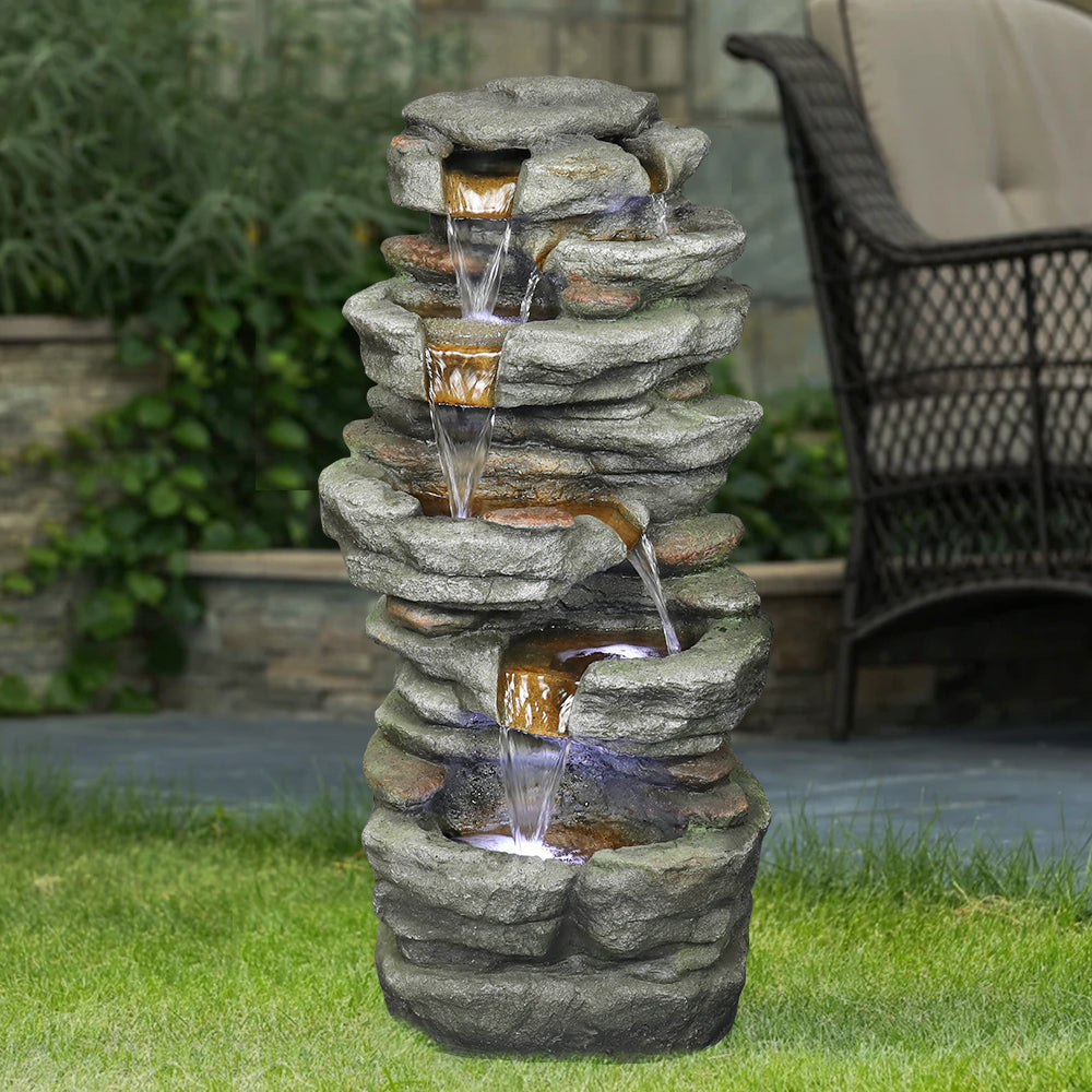Resin Stacked Rock Outdoor Fountain 32 Inch Lit Water LED lit at night