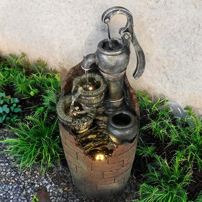 Resin Hand Pump Barrel Farmhouse Outdoor Fountain 32 in in garden setting