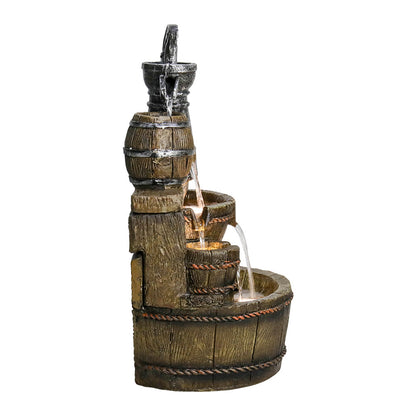 Resin Broken Barrel Rustic Outdoor Fountain 25 Inch LED lit at night